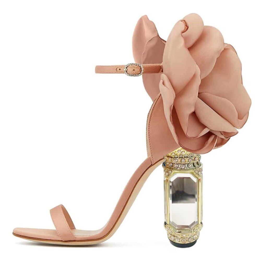 NIB FSJ Blush Satin Floral Sandals Crystal Decorative Heel Bridal Shoes - Picture 5 of 5